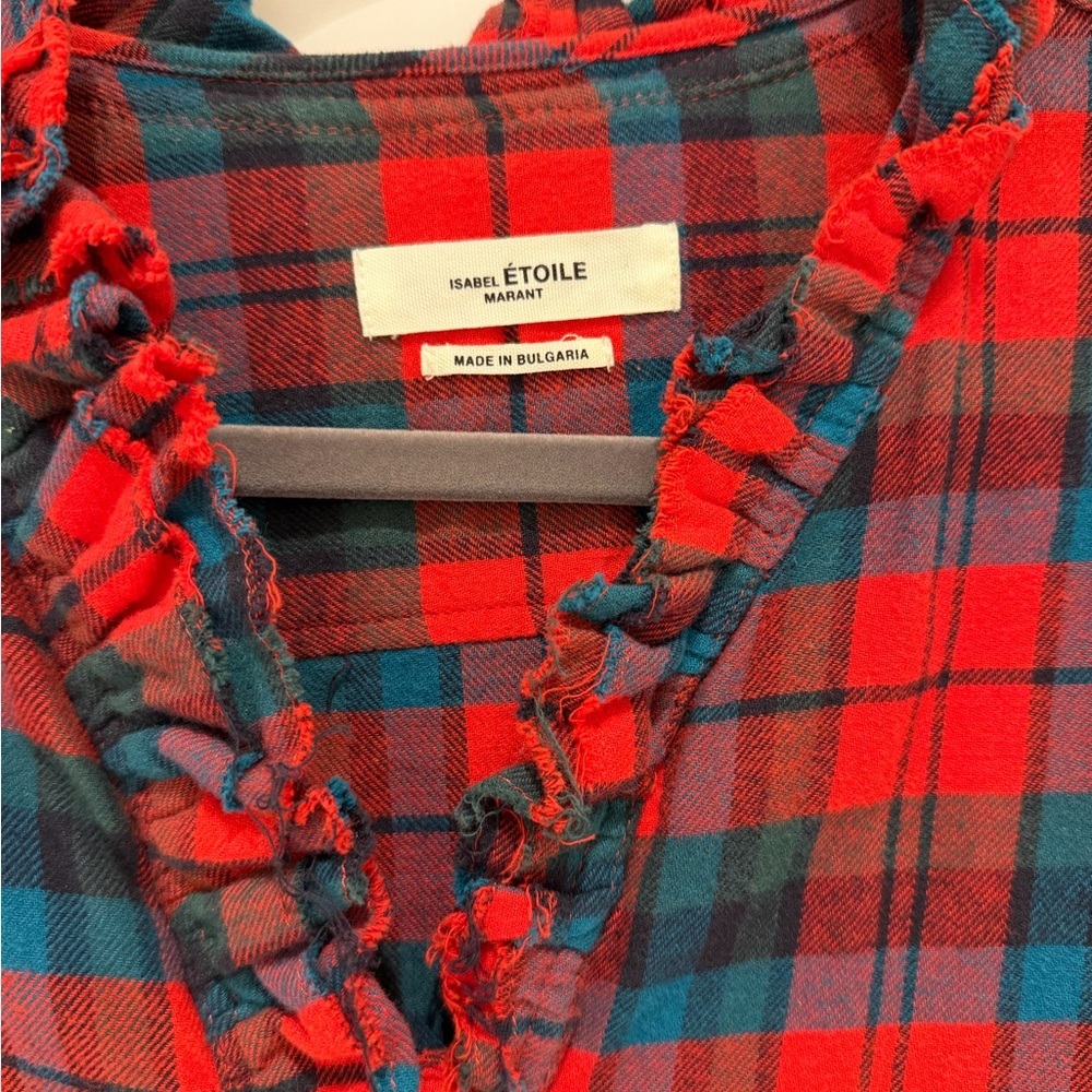 Isabel Marant Etoile Red and Green Plaid Button-Front Top with Ruffled Collar - Picture 5 of 6